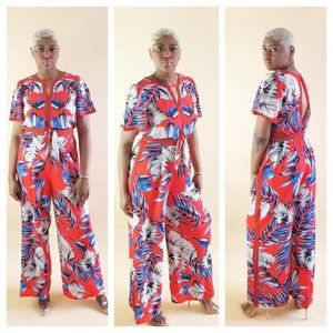 Red Tropical Print Tie Front Jumpsuit